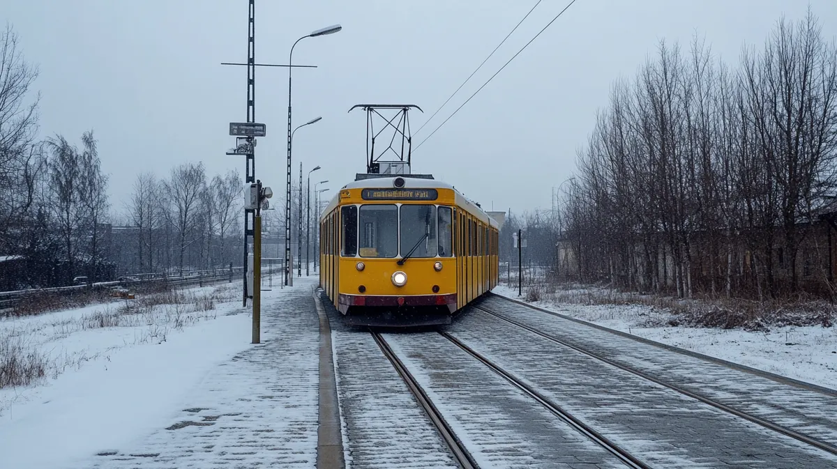 Empty tram at a Tallinn stop on a grey February afternoon