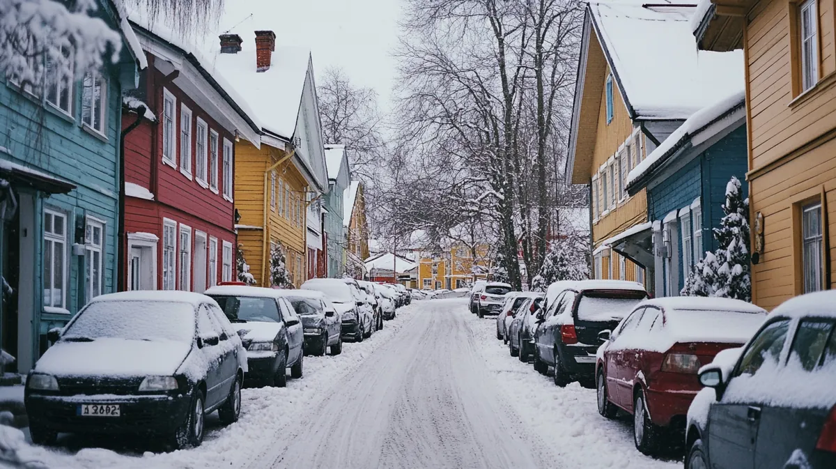 A narrow Kalamaja street lined with parked cars and wooden houses