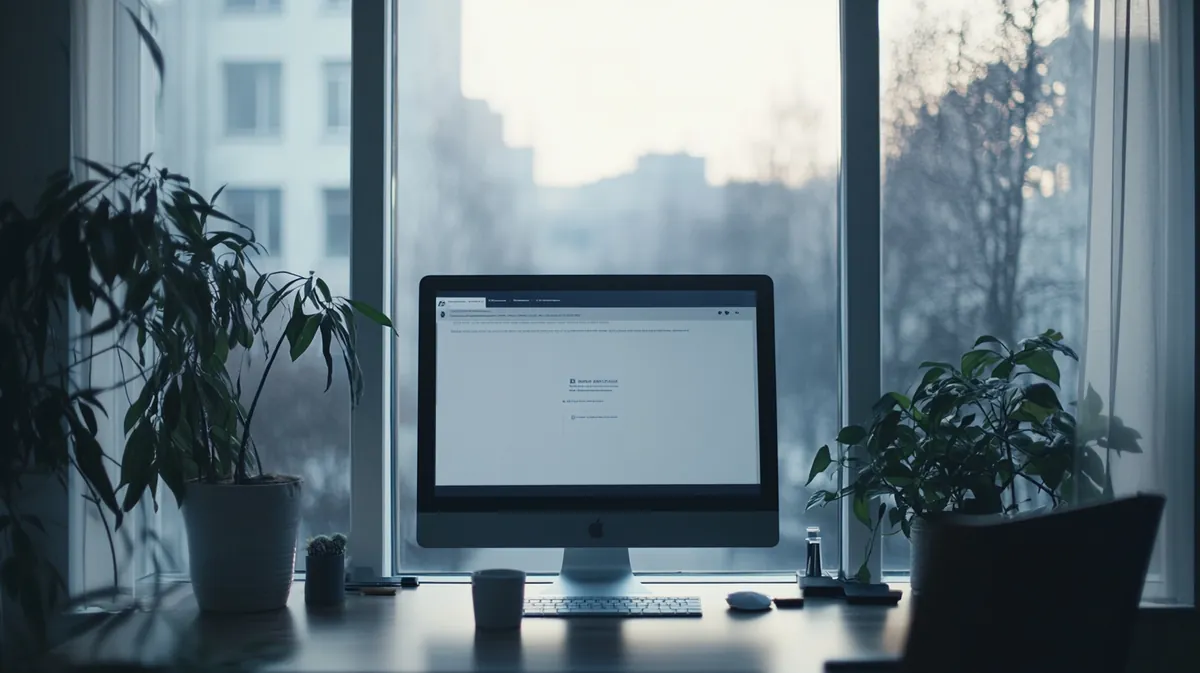 A blank computer screen in a government office with a coffee cup beside it
