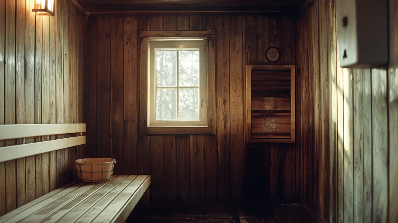 Wooden sauna benches with steam rising, completely empty