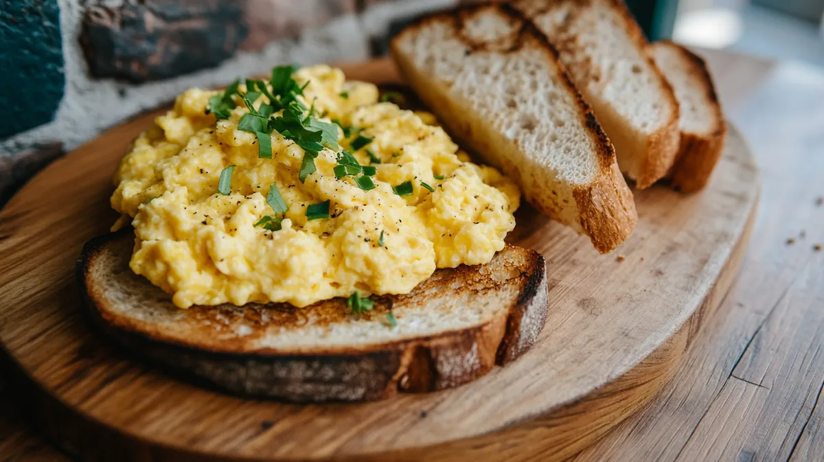 A plate of scrambled eggs on a wooden table in a restaurant with medieval stone walls